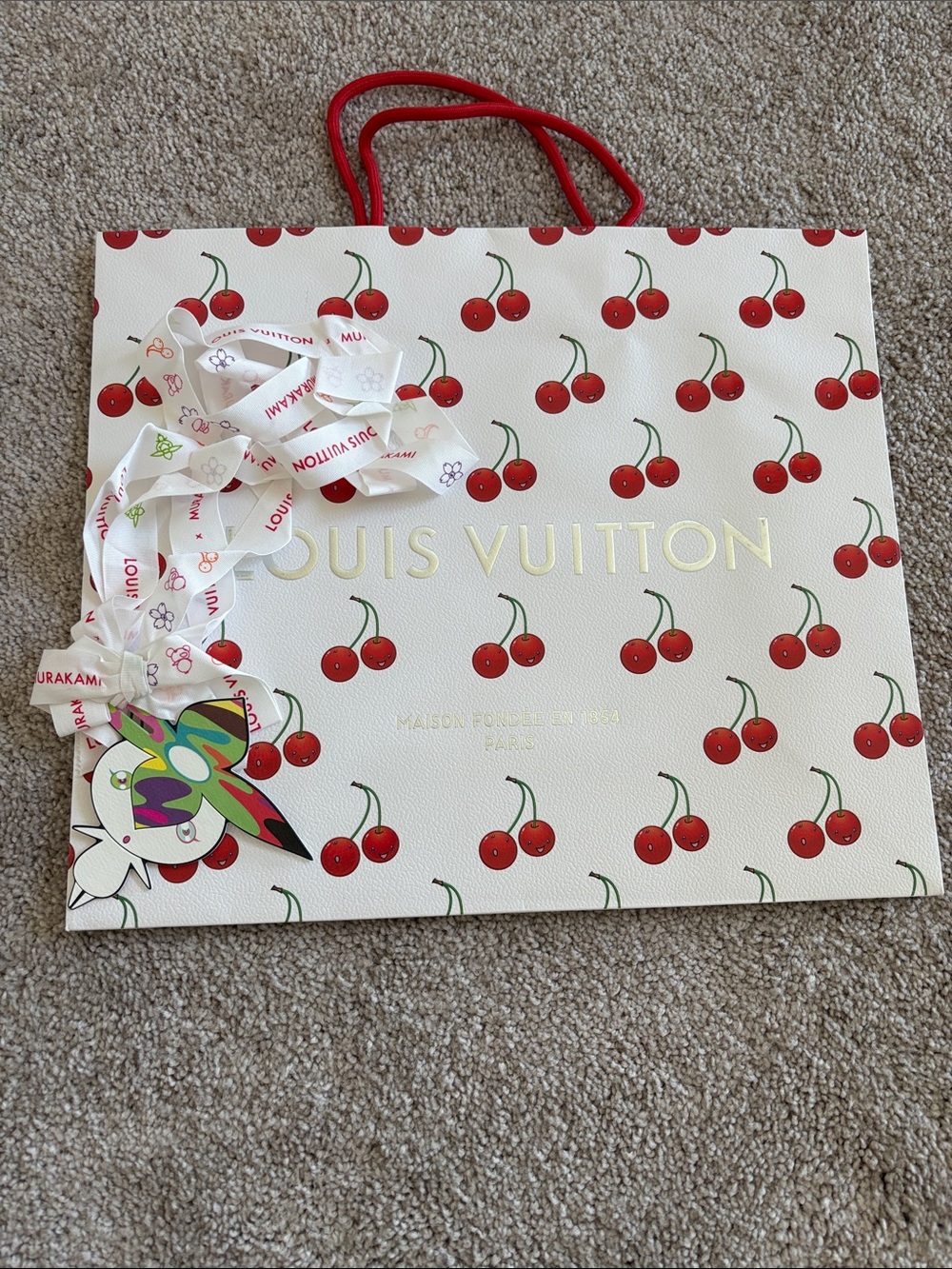 Louis Vuitton Murakami Cerise White and Red Cherry Print bag + Ribbon + tag